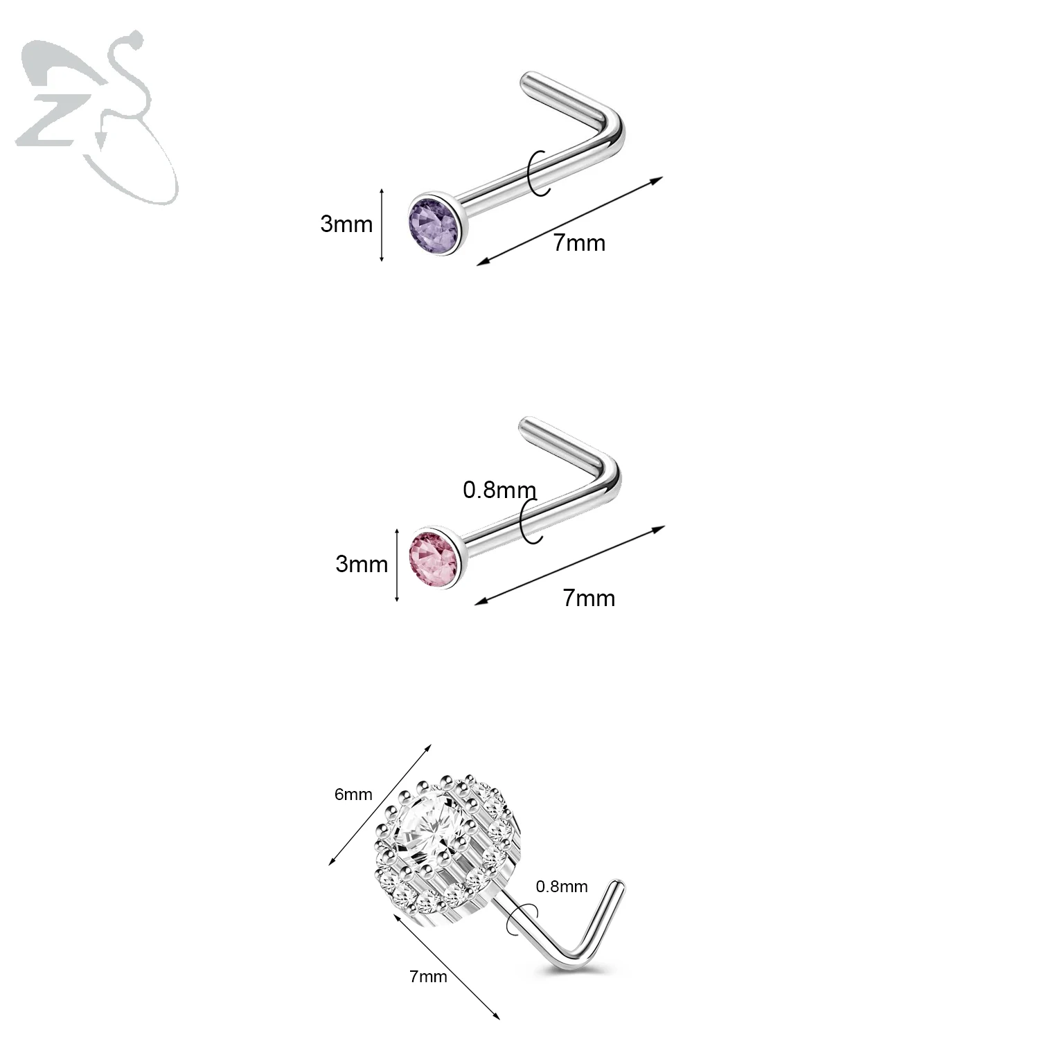 3pcs Stainless Steel Nose Stud Set with Crystals