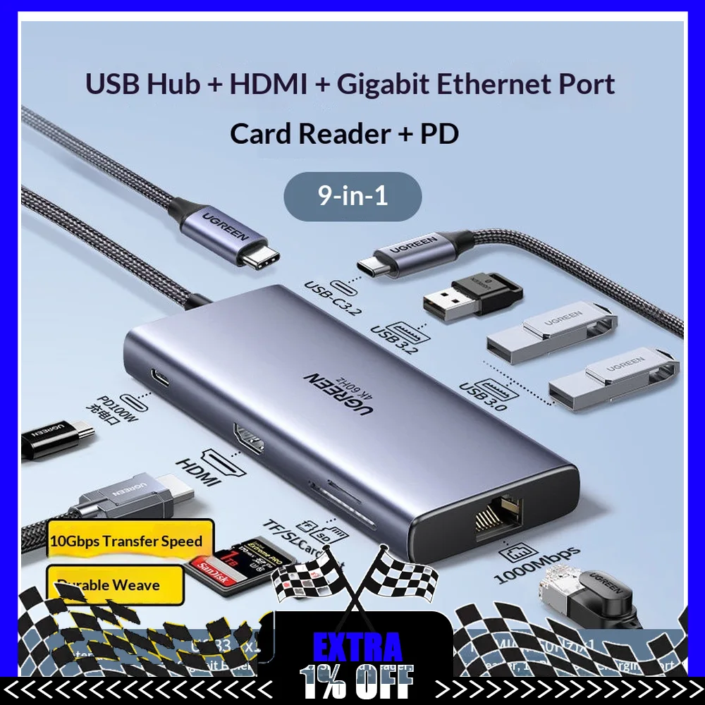 UGREEN CM639 15532 9 in 1 USB C Hub 10Gbps Docking Station 4K 60Hz HDMI Gigabit Ethernet SD TF PD 100W