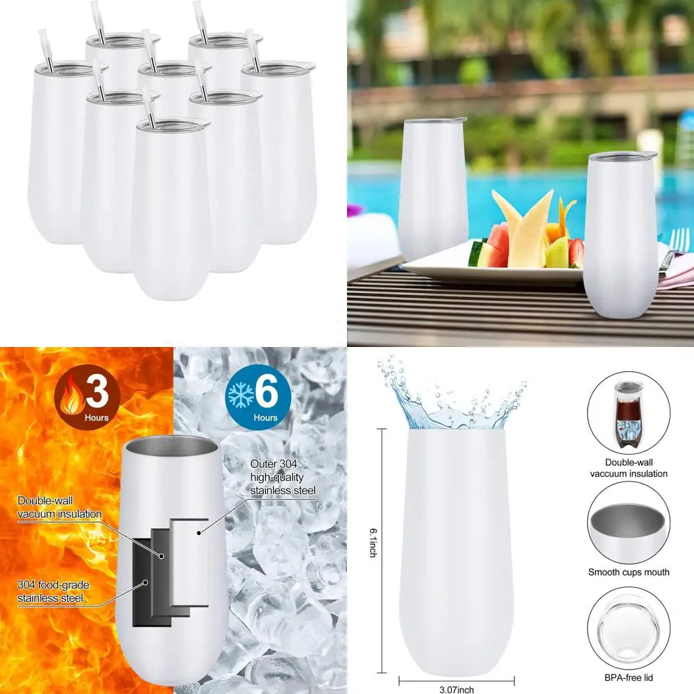 

Set of 8 Insulated 12oz Stemless Champagne Glasses, Stainless Steel Drinkware with Lid, Ideal for Parties and Celebrations (Whit