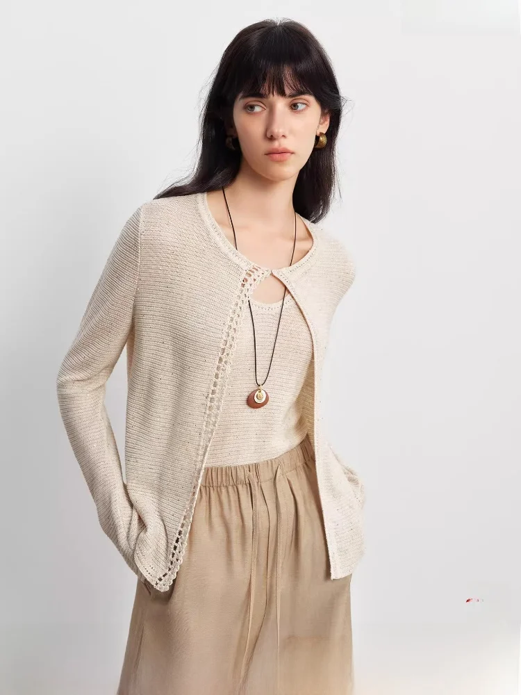 

Breathable Handmade Knitted Vest And Cardigan Set Women's New Sle Airy Beaded Knitwear Loose Fit Long Sve round Ne Spring