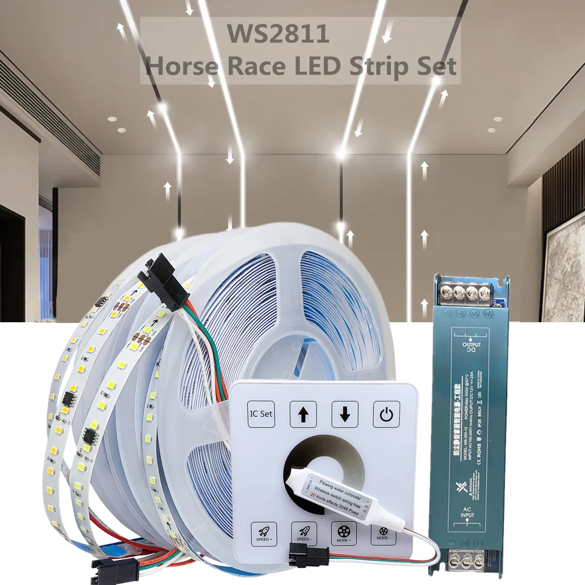 40M WS2811 Horse Race LED Strip DC24V 2835 120Led/m Running Water Flowing Light with Wireless Controller Cool Natural Warm White