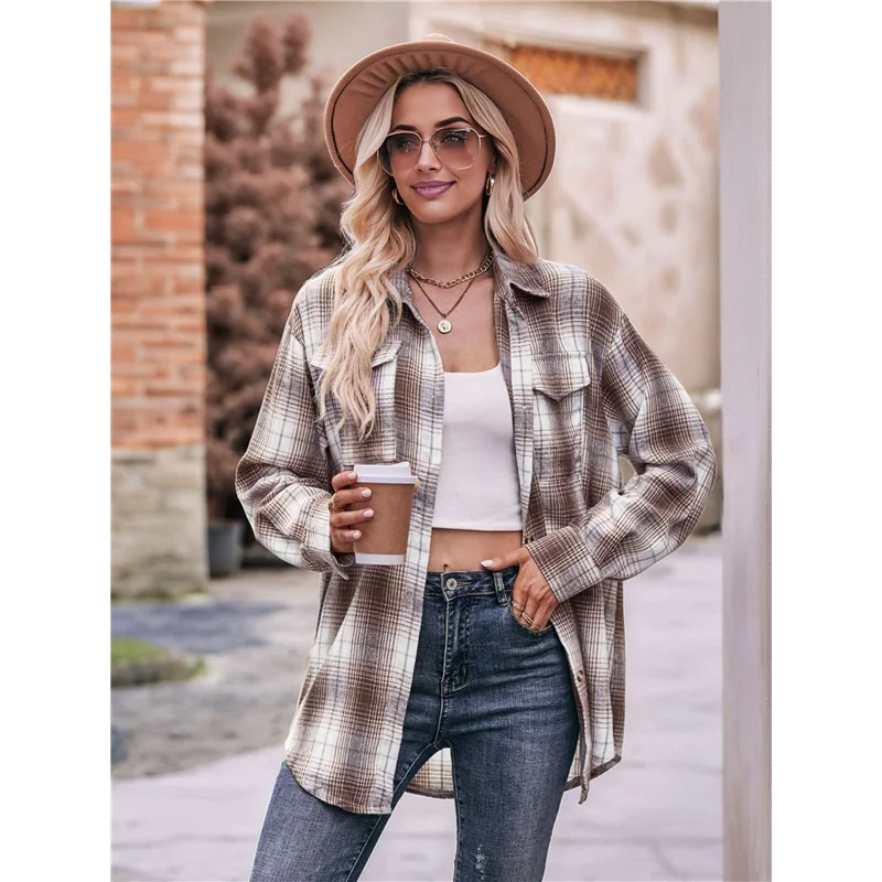 ABP-Camisa con botones a cuadros de franela para mujer, chaqueta de manga corta de gran tamaño, Top