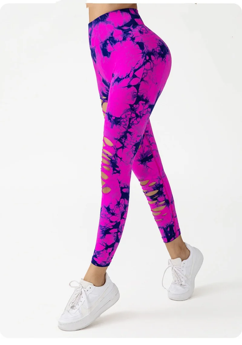 Women Sexy Seamless Tie Dye Nylon Yoga Pants High Waist Holow Out Scrunch Butt Lifting Sports Fitness Leggings