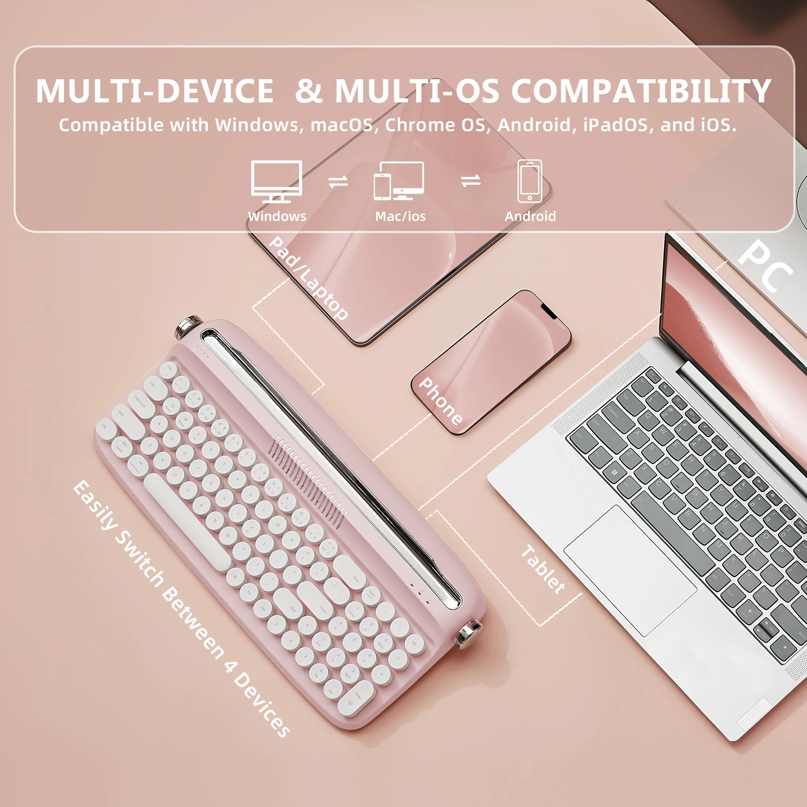 YUNZII B309 Retro Typewriter Keyboard, Upgraded Wireless USB-C/BT Keyboard with Cute Round Keycaps&Integrated Stands for Win&Mac