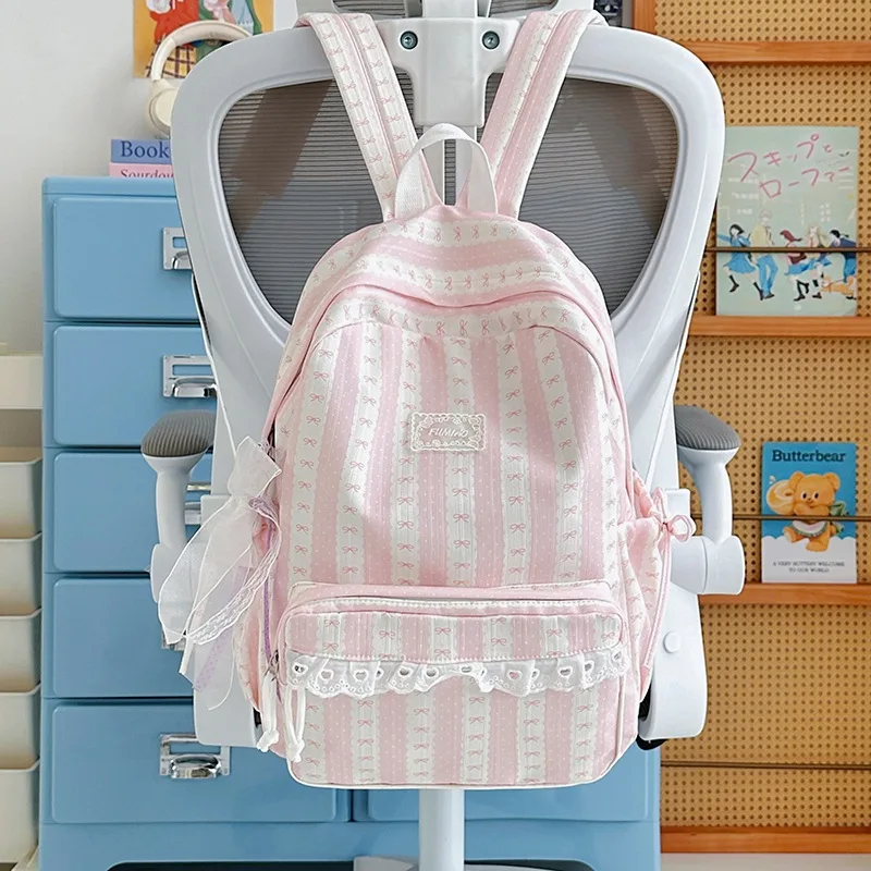 Lightweight nylon fabric student backpack with contrasting color stripes, large-capacity waterproof travel backpack for women