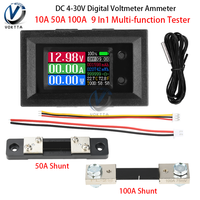 DC 4-30V 10A 50A 100A Digital Voltmeter Ammeter 9 In1 Voltage Current Power Capacity Temperature Energy Test Meter