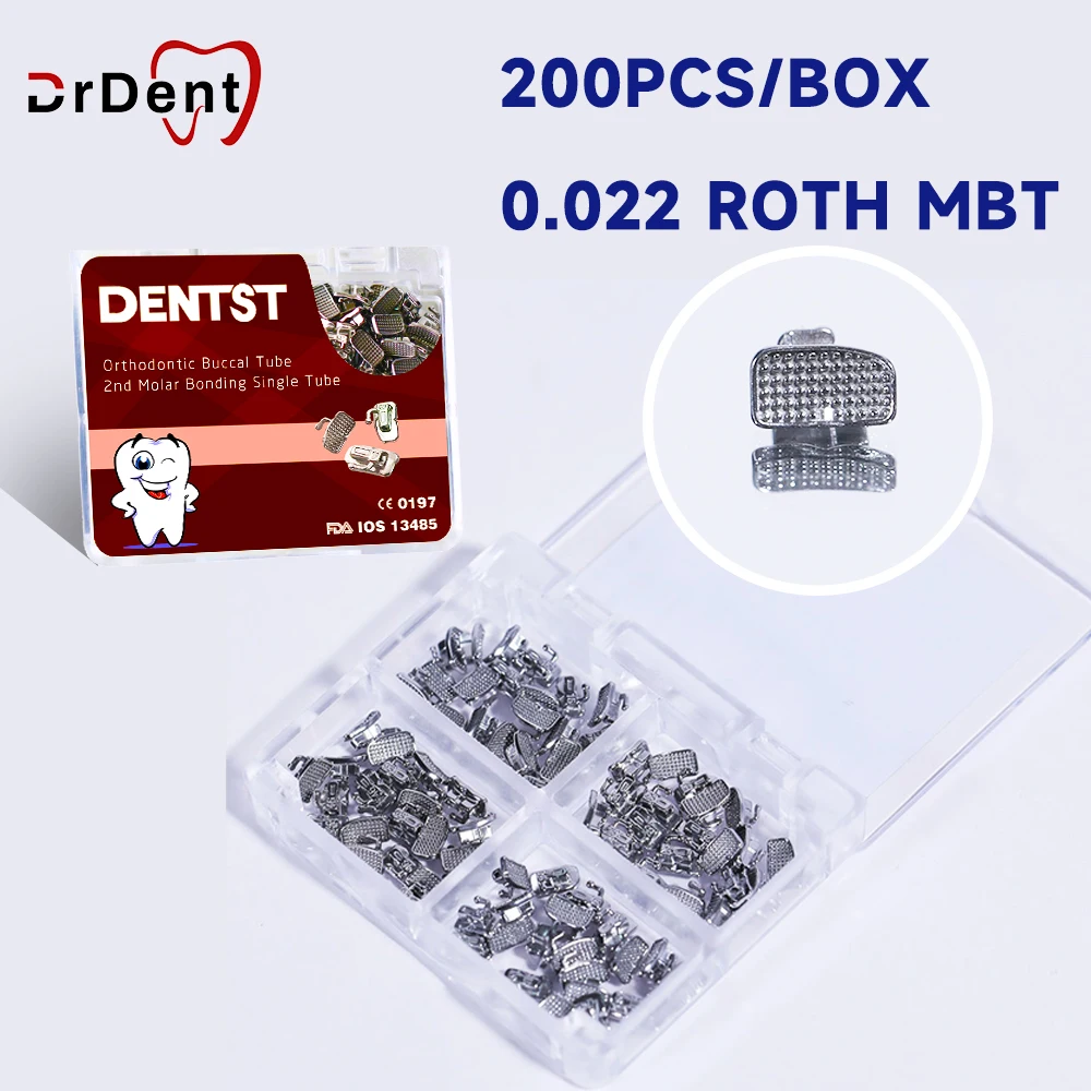 200Pcs/Box Dental Orthodontics Buccal Tubes 1st 2nd Molar Bondable Monoblock Non-Convertible Base Roth / MBT 0.022