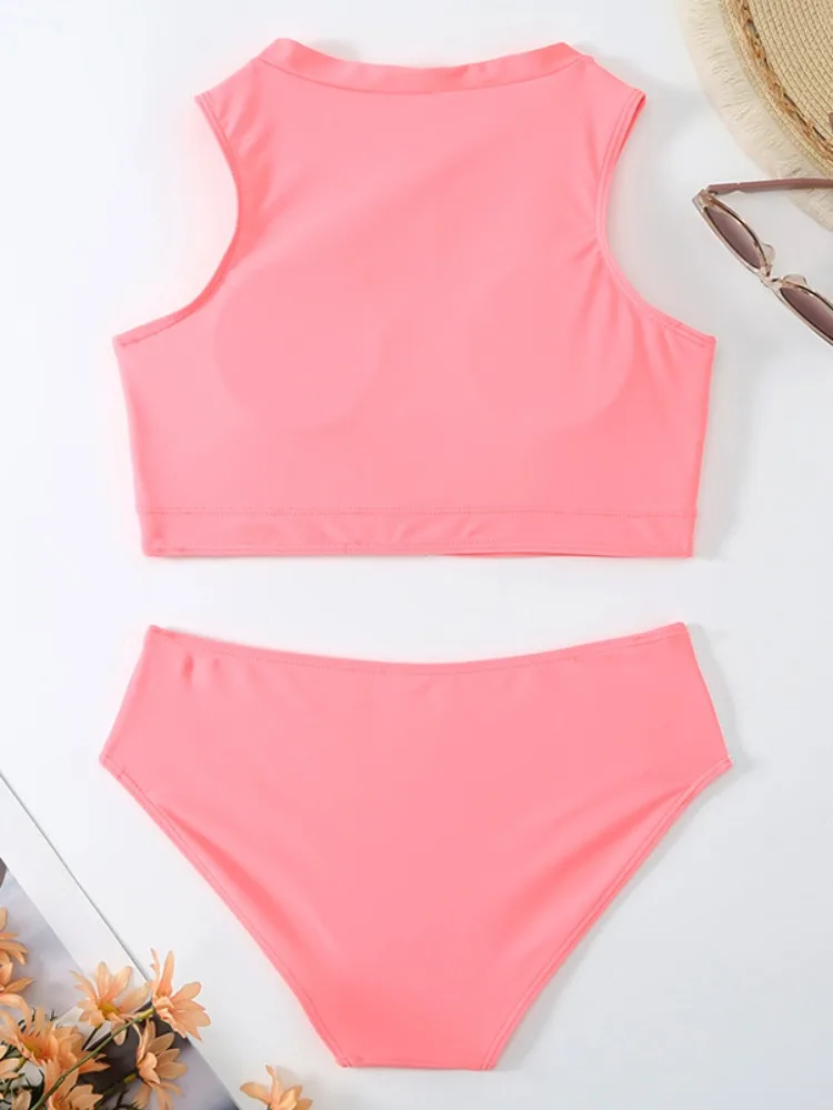 Maillot de bain rose sexy à col haut pour femmes, ensemble deux pièces, bikini, culotte taille haute, vêtements d'été, pour la plage, nouvelle collection, 2023