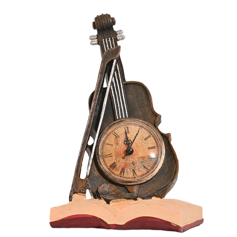 Vintage Violin Clock Rests on Music Book Alarm Clock Statue Guitar Ornament Student Gift for Home Bedroom Office Dropshipping