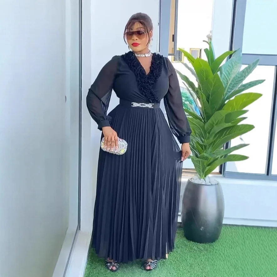 

Plus Size Women's Black Ruffled V-neck Pleated Long Dress with Office Lady Belt Elegant Party Dress Summer Elegantes Casual Y2k
