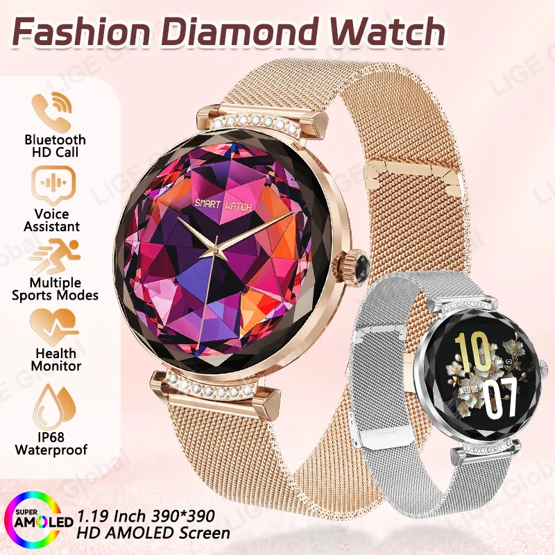 

LIGE Luxury Fashion Ladies Diamond Smart Watch AMOLED Screen 24H Health Monitoring BT Call Female Women Sport Fitness Smartwatch