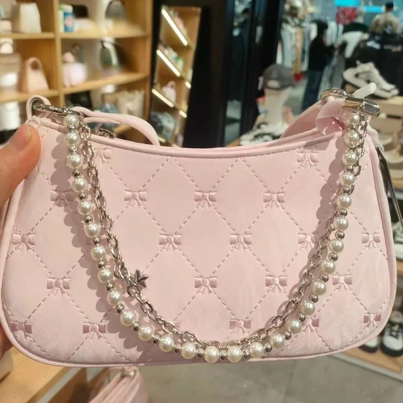 Xiuya Borsa a tracolla da donna rosa Elegante fiocco carino Catene di perle Borsa con ricamo con fiocco Borsa femminile in pelle moda coreana casual