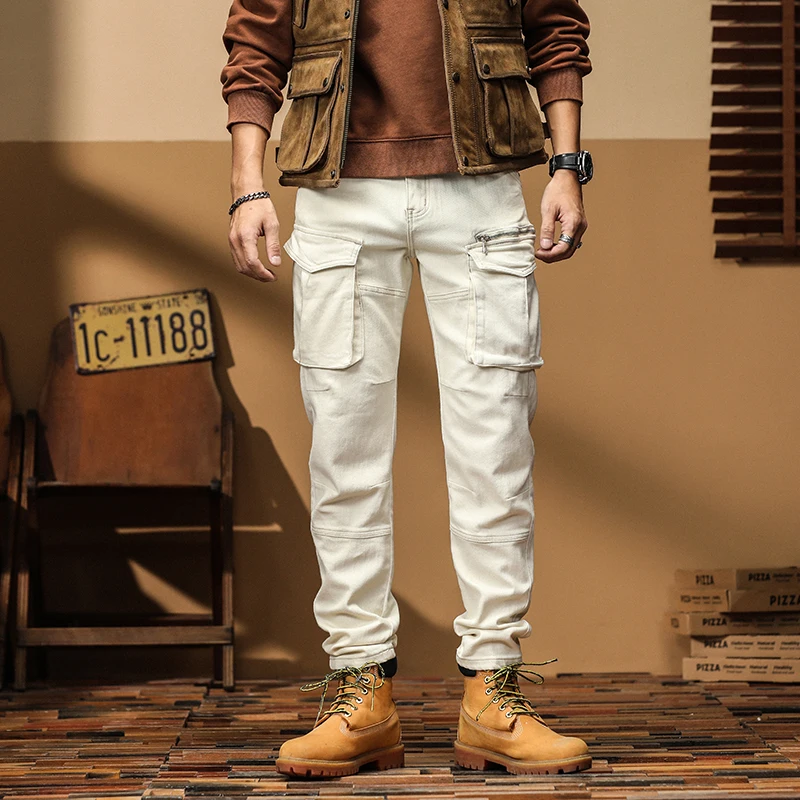 

American Sle Loose Straight Leg Men's Workwear Jeans Autumn Trendy Brand Zipper Splicing Multi ket Casual Long Pants