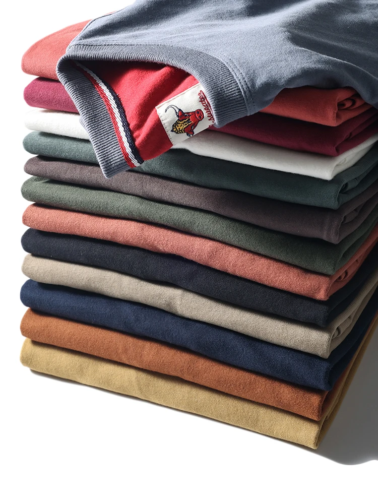 2025 Summer New American Retro Short Sleeve O-neck Solid Color T-shirt Men's Fashion 100% Cotton Washed Casual Terry Cloth Tops image 3