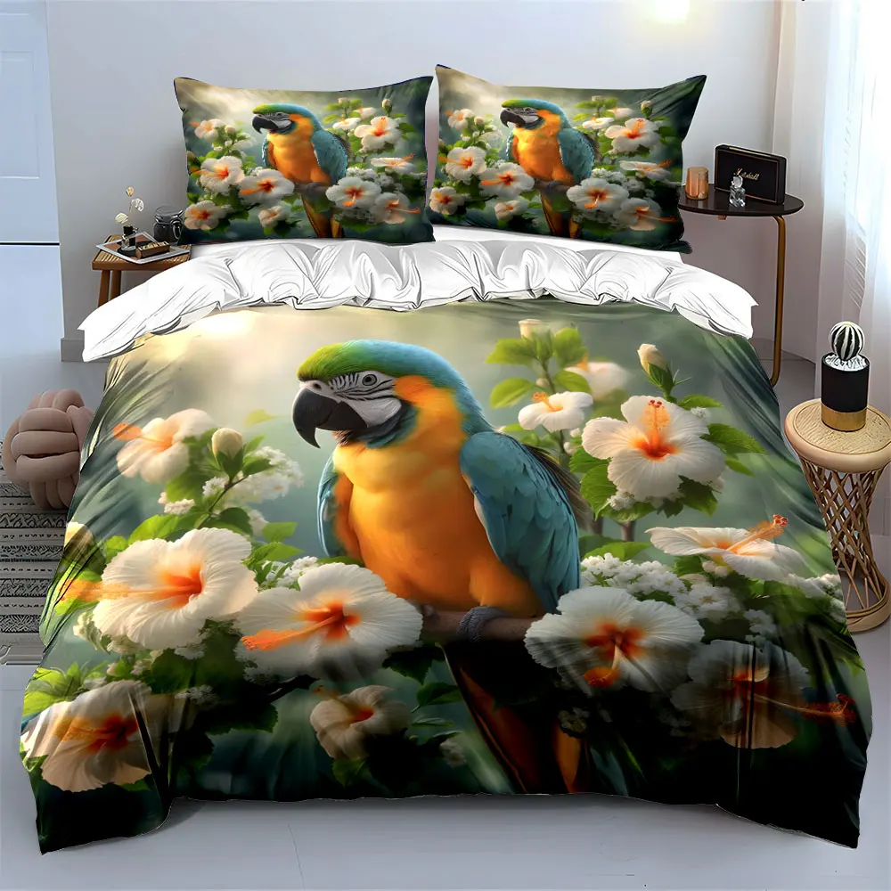 Parrot perched among vibrant flowers Print Soft Comfortable Duvet Cover Bedding Set Included 1*Duvet Cover  2*Pillowcases