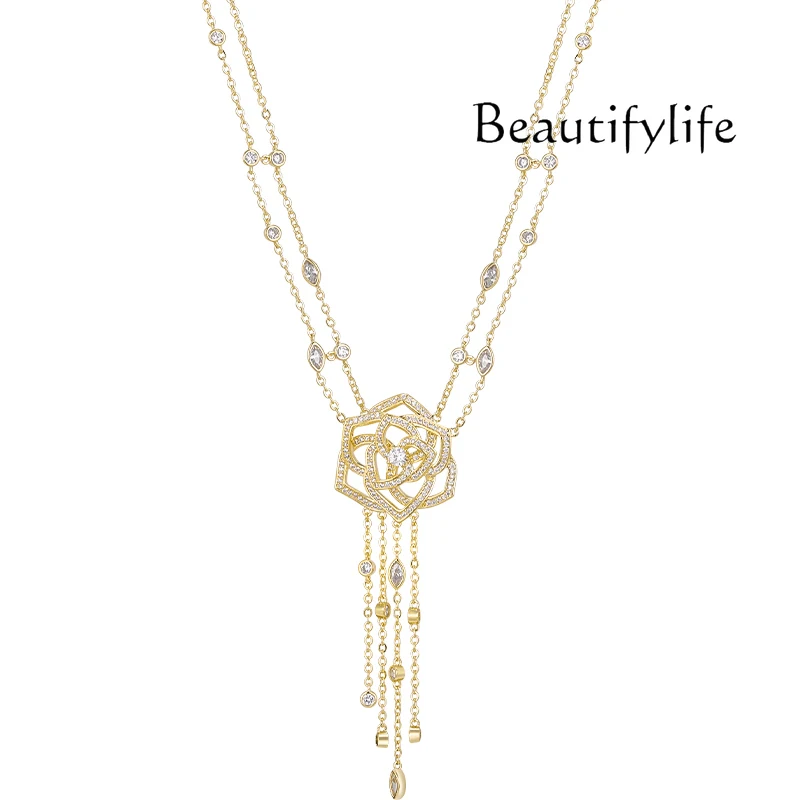 Three-dimensional hollow full diamond flower fringed necklace light luxury niche double-layer rose collarbone chain