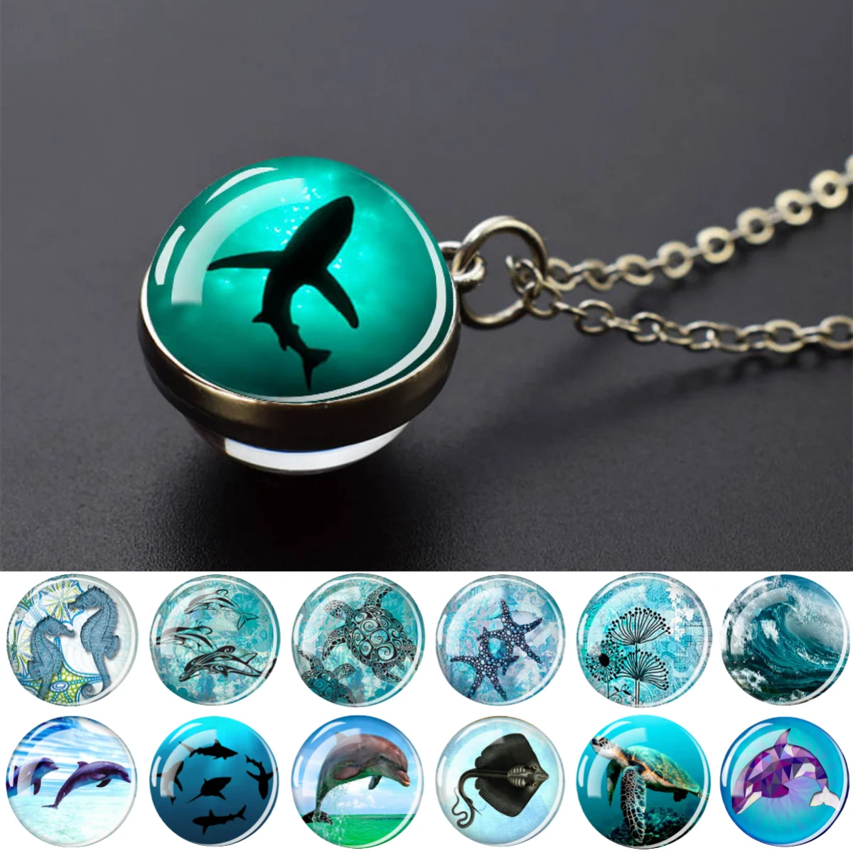 Dolphin Pattern Pendant Starfish Turtle and Seahorse Design Necklace Aquarium Souvenir Gift