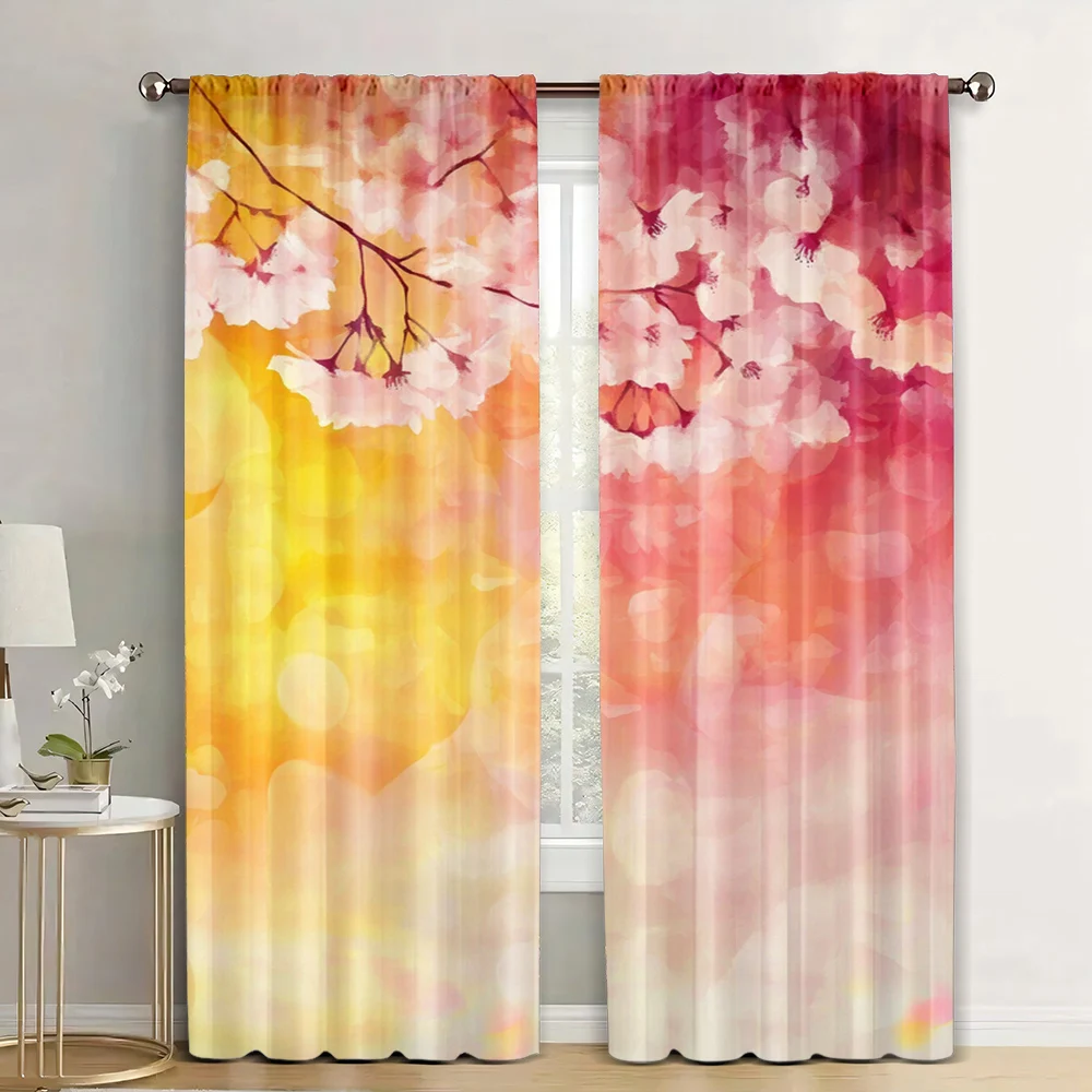 2Pcs Nature Curtains Japanese Cherry Sakura Floral Art In Soft Color Over Blurred Background Living Room Bedroom Window