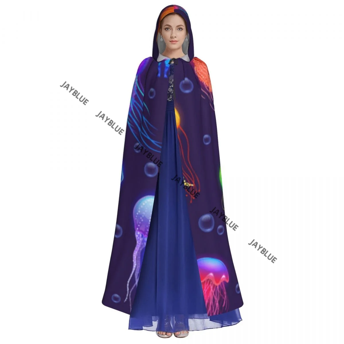 Cute Colorful Jellyfish Pattern Hooded Cloak Polyester Unisex Witch Cape Costume Accessory