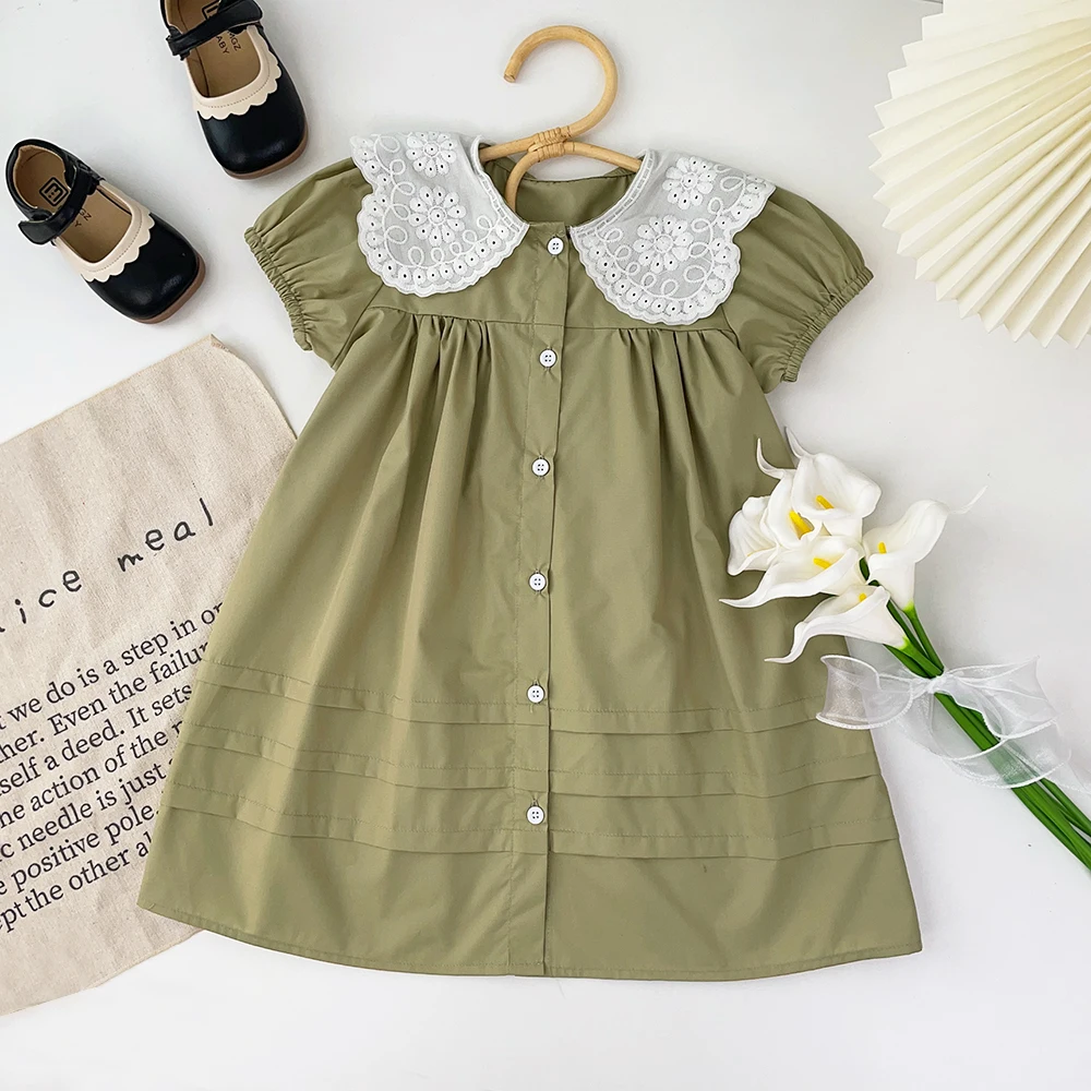 Bear Leader Girls Summer Dress Lace Collar Puff Sleeved Elegant Baby Kids Princess Birthday Dresses Children Clothes Vestidos