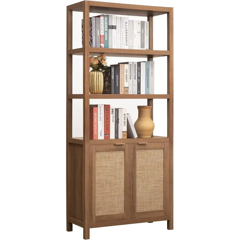 5-Shelf Rattan Bookcase, Boho Style, 71 Tall, Storage Shelves for Living Room, Bedroom, Home Office