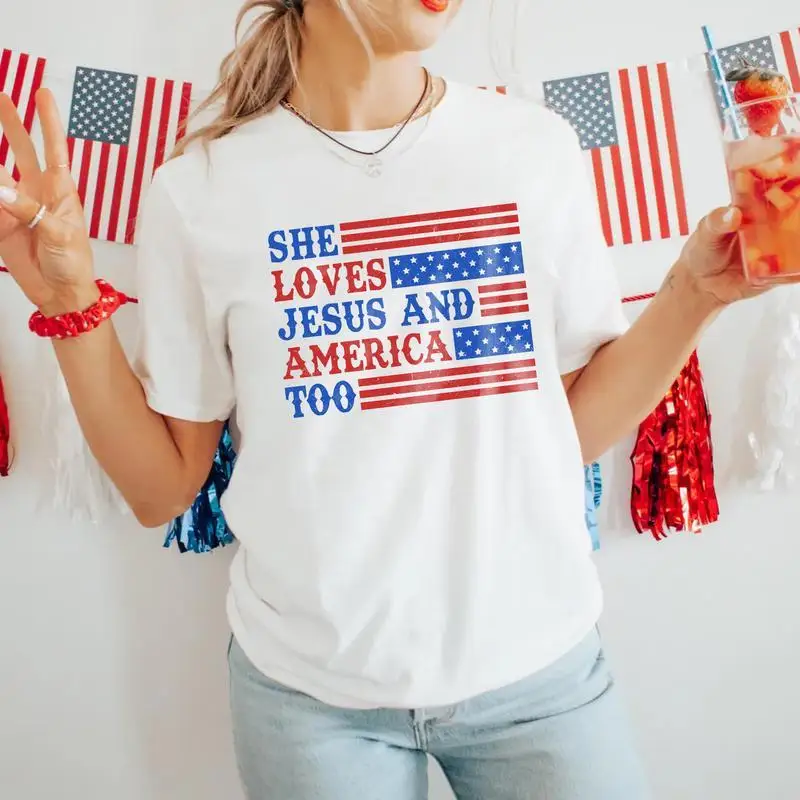 

Patriotic Christian T-shirt, American Flag Graphic Tee, Faith and Freedom Slogan, Jesus and America Top, Women's Summer Outfit