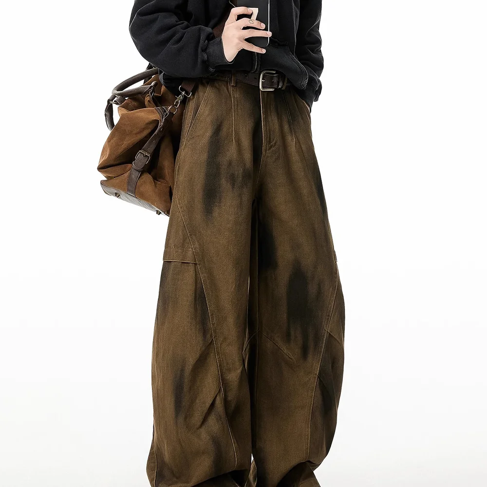 الأمريكية الرجعية غسل الجينز Scimitar عارضة الرجال العلامة التجارية العصرية مطوي فضفاض واسعة الساق العمل السراويل