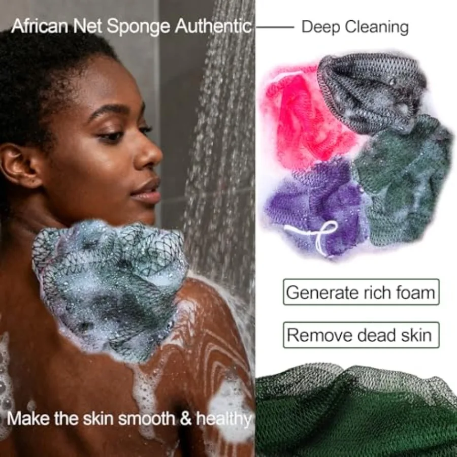 4 Pack African Net Sponge Authentic, 45" Long African Exfoliating Net Sponge with Knots, Body and Back Scrubber for Shower Bath view 3