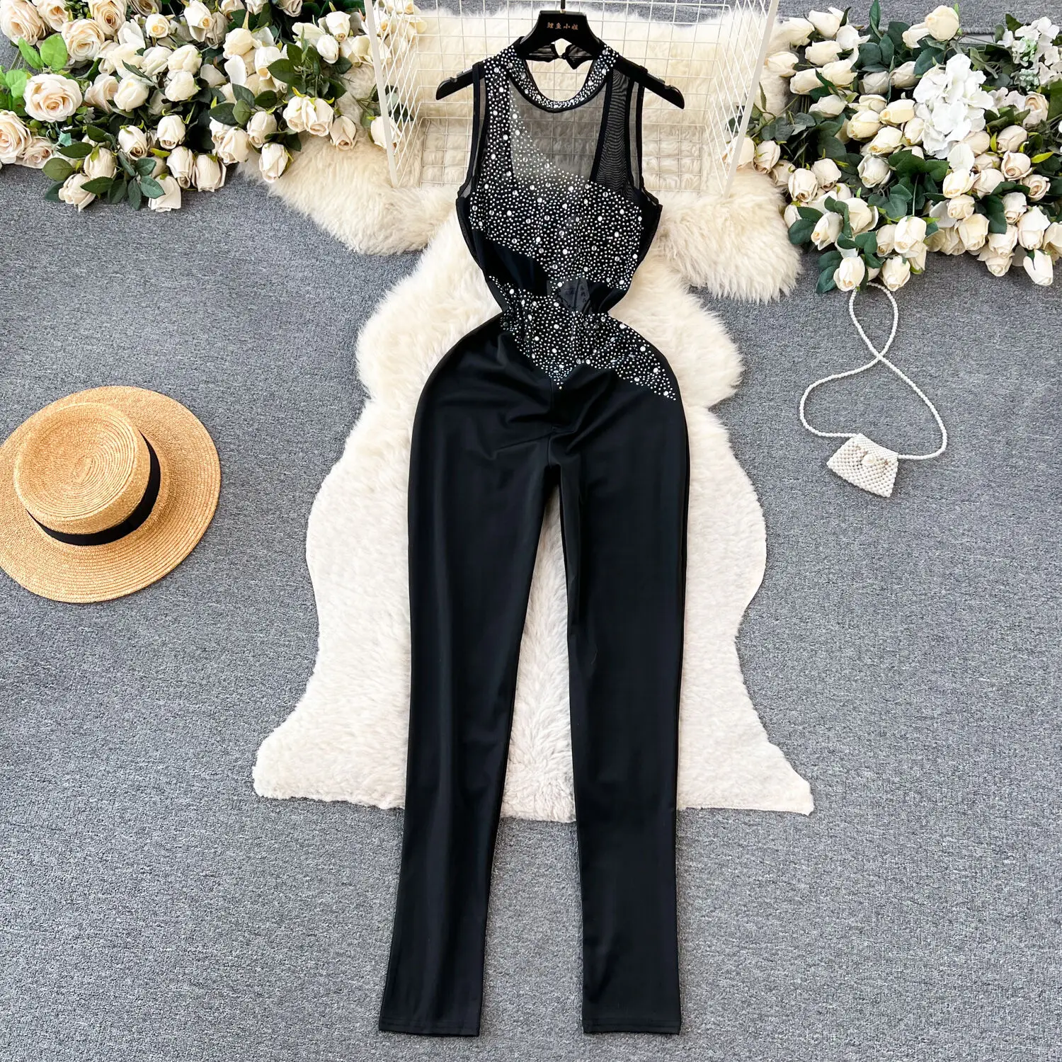 

Foamlina Sexy See Through Mesh Jumpsuits for Women Elegant Rhinestone Decoration Sleeveless Backless Skinny Party Club Jumpsuit