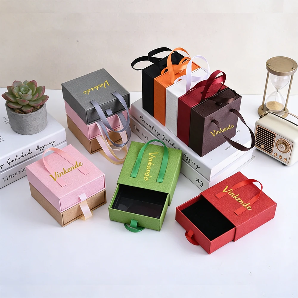

Sliding Custom Logo Organizer Luxury Gift Jewelry Boxes Lychee Pattern Paper Packaging Ring Box Earring Necklace Bracelet Case