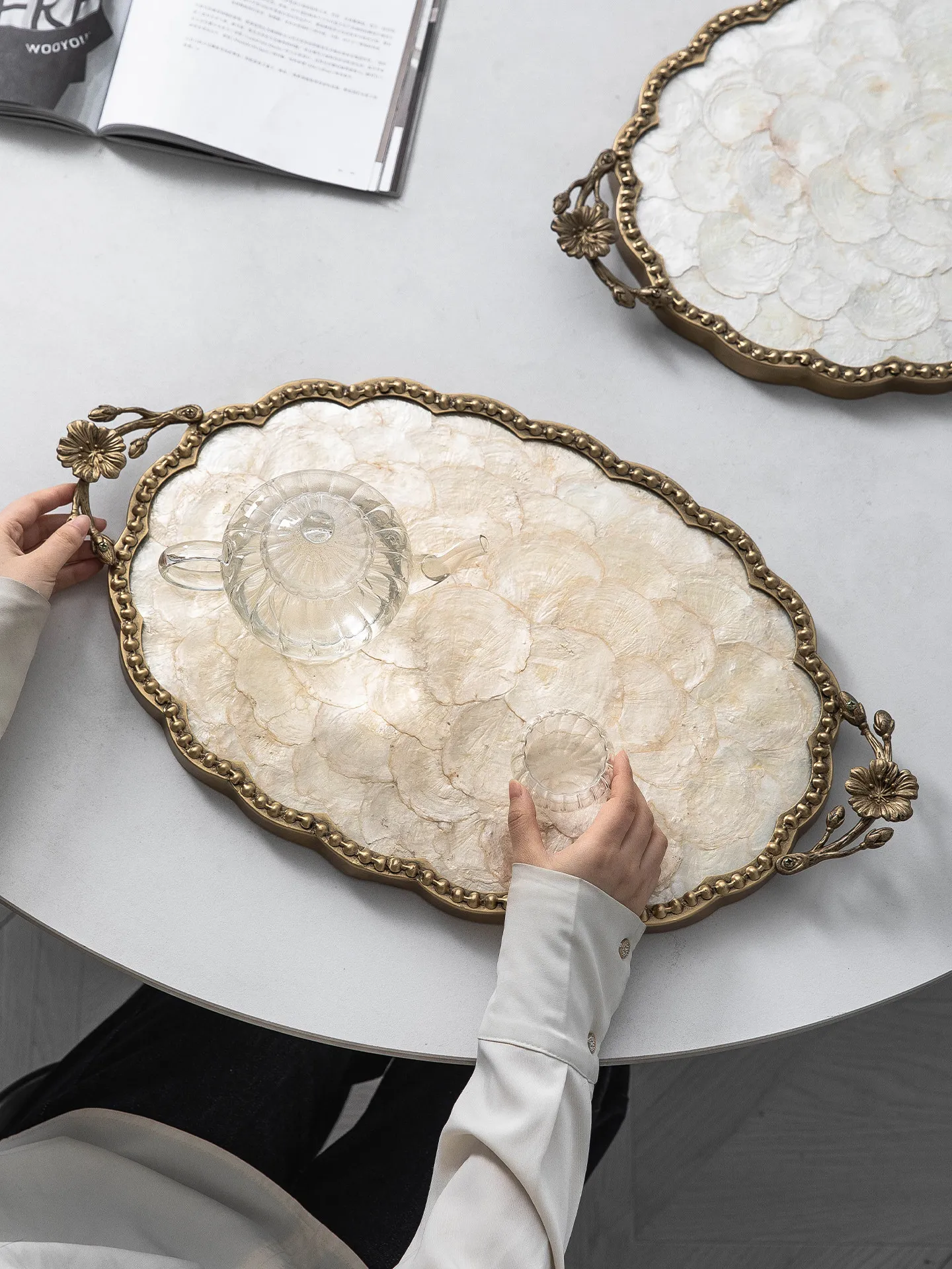 Large Vintage Mother of Pearl Tray with Gold Metal Floral Handle Decorative Serving Tray for Coffee Table Unique Gift