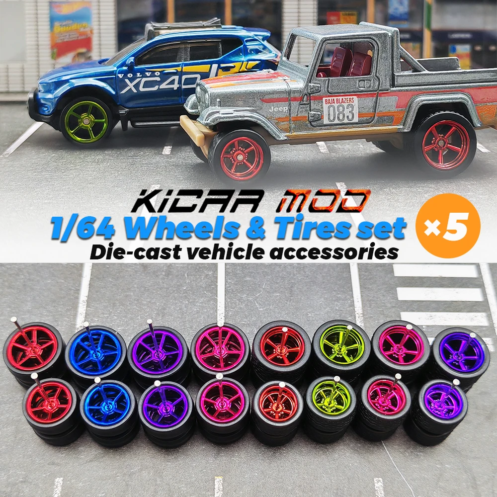 

KicarMod 1/64 Wheels Tires ABS 13*15mm Electroplating Colors Vehicle Toys for 5 Cars per bag for Hot Wheels Hobby Modified Parts