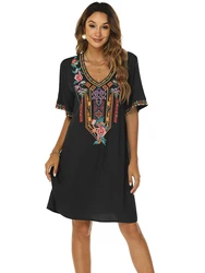 Khalee Yose Floral Embroidery Midi Dress Black Boho Vintage Summer Chic Women Dresses Black Ethinic Hippie 23XL Ladies Dress