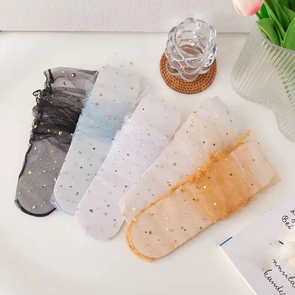 5Pairs Star Moon Transparent Bow Socks Sweet Breathable Tulle Shiny Socks Female Hosiery Mid-calf Mesh Tube Socks Women Girl