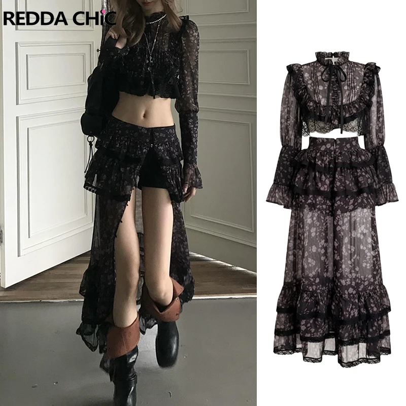 ReddaChic Puff Sleeve Blouse Skirt Shorts Women Set Floral Bowknot Lace Trim Crop Top Ruffle Long Skirt Holiday Summer Clothes