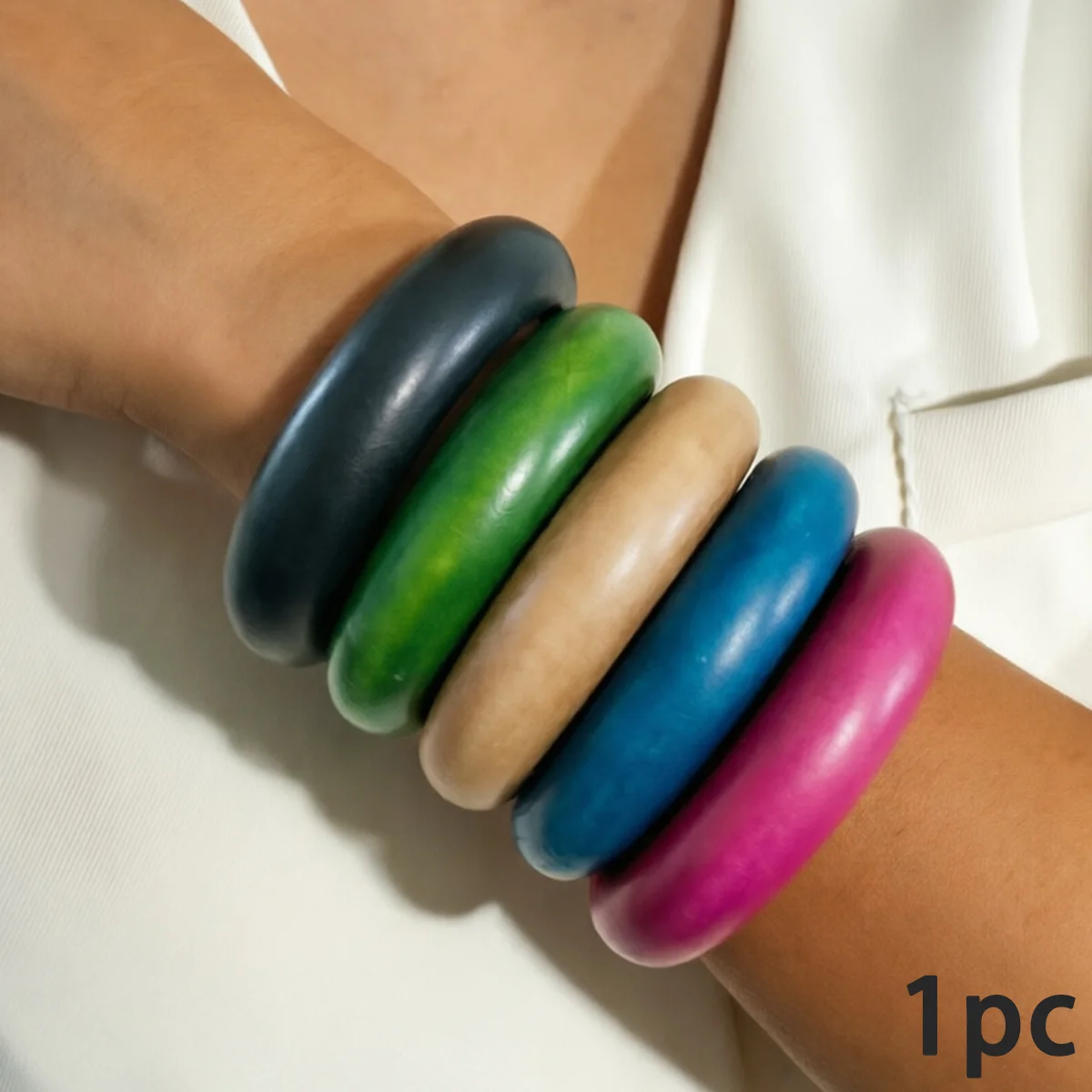 Tocona Trendy Simple Colorful Solid Wood Bangle Plain Round Edge Wooden Bracelet Versatile Vacation Casual Accessories For Women