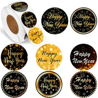 100pcs Happy New Year Stickers 8 Designs 1inch Round Black Gold Labels Stickers for Christmas Gift Cards Envelopes Boxes
