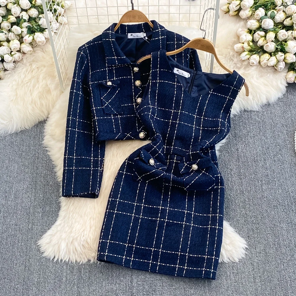 Xiaoxiangfeng celebrity temperament long-sleeved tweed jacket two-piece waist vest hip-covering dress for women