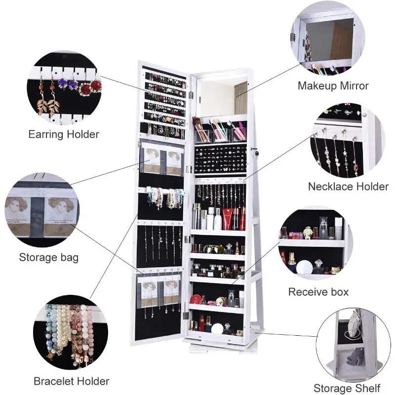 Sogesfurniture-Armário De Jóias De Madeira Com Corpo Inteiro Espelho, Lockable Floor Standing, 360 ° Rotatable, Jewelry Organizer