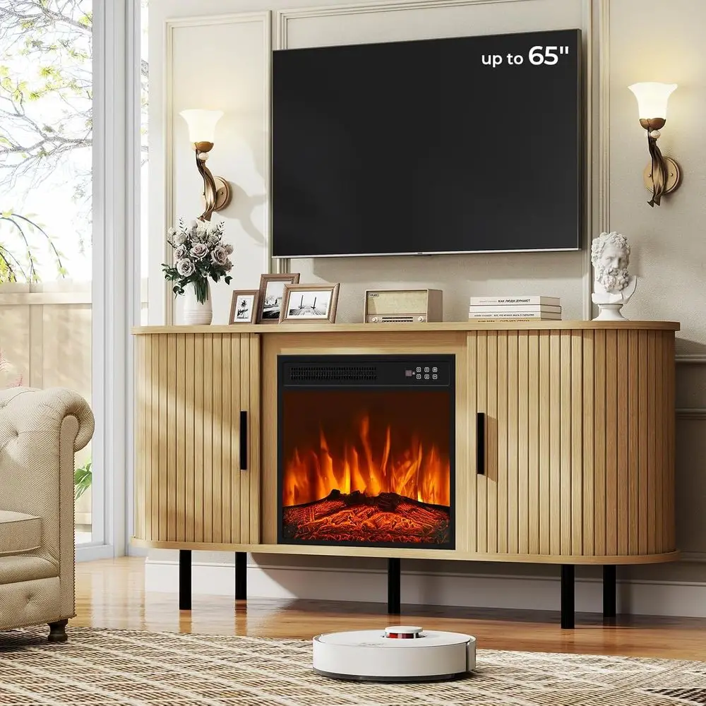65 Curved Electric Fireplace TV Stand, Entertainment Center, Media Storage Cabinet for Living Room, Natural Wood Finish