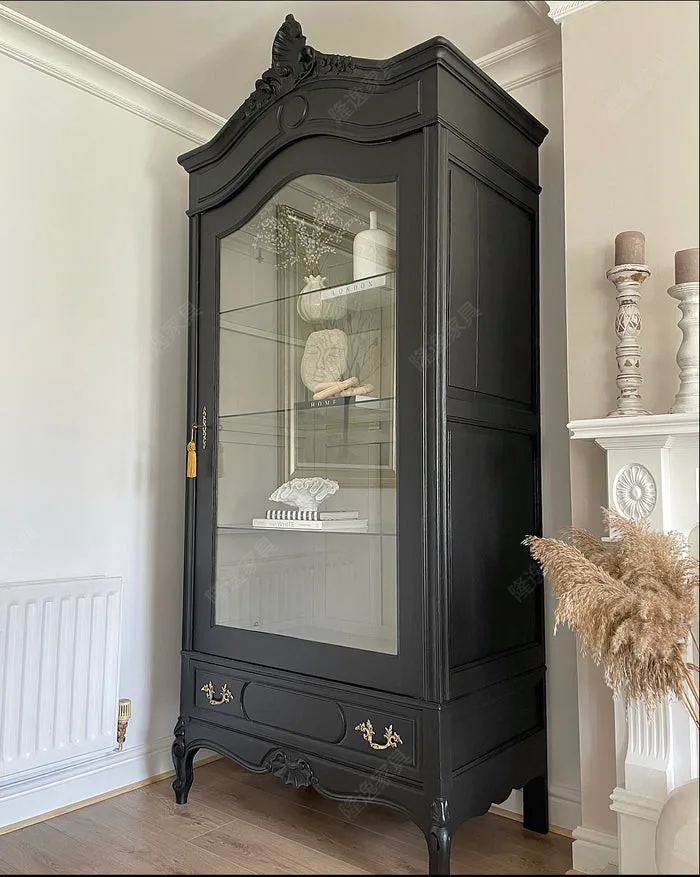 LMM French solid wood carving flower wine cabinet storage classical light luxury high-end tempered glass single door
