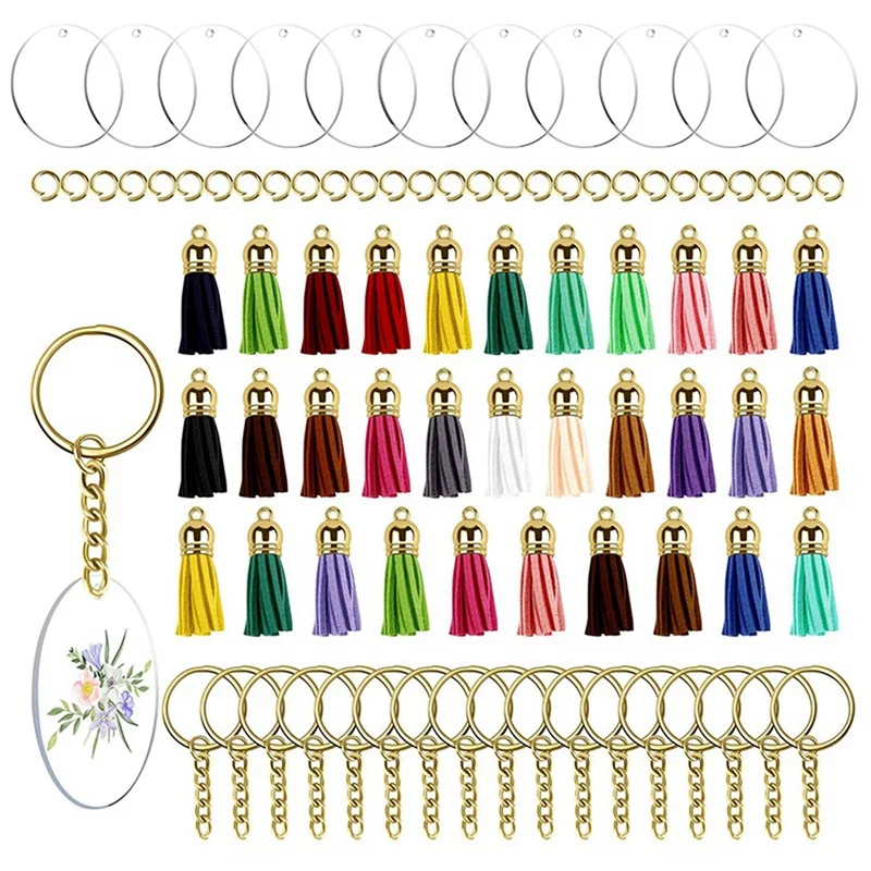 

384Pcs Acrylic Keychain Blanks Clear Circle Discs Key Chain 2 Inch Tassel Pendant Keyring For DIY Projects And Crafts