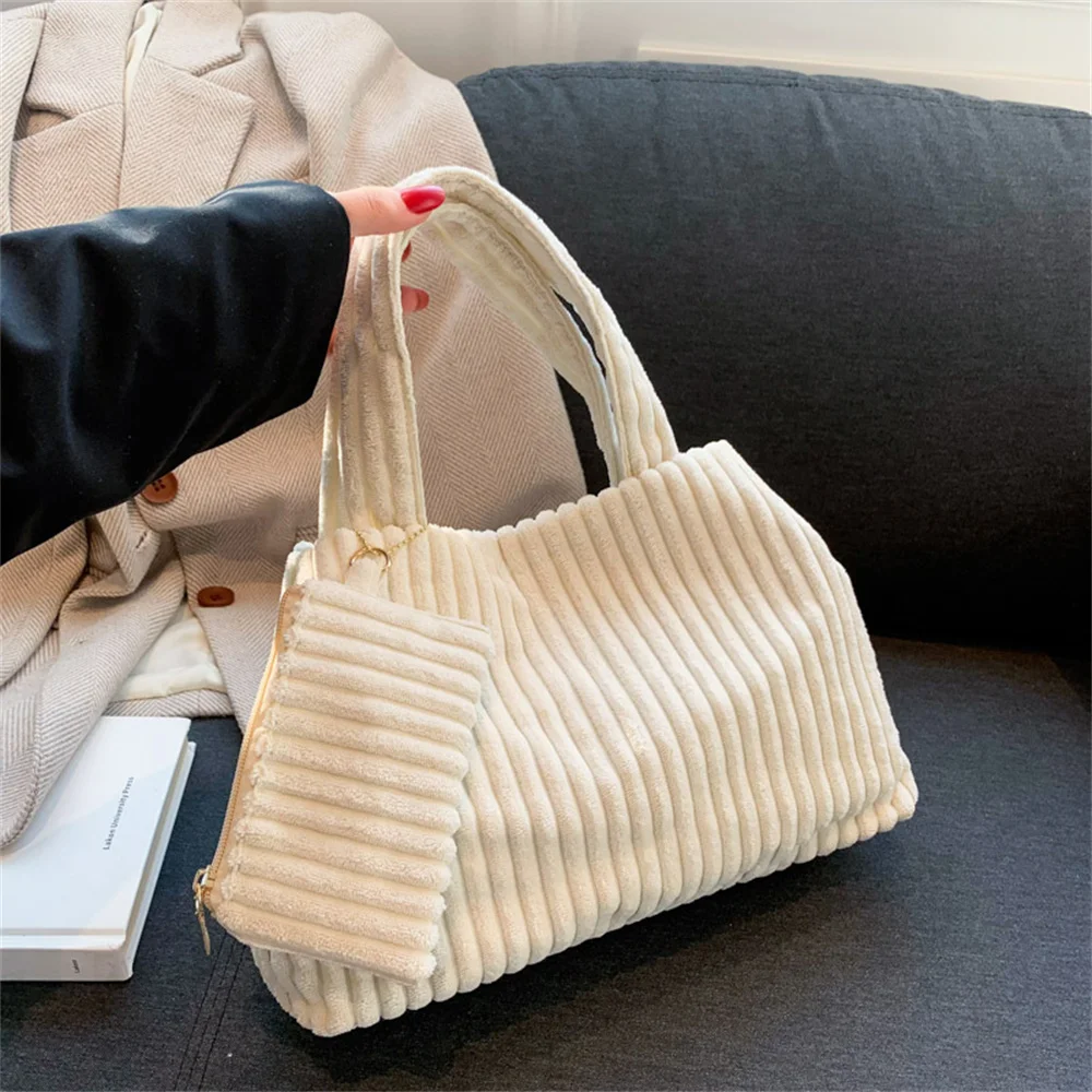 Corduroy Large Capacity Fashion Handbag For Women Winter Casual Single Shoulder Armpit Bag Shopping Totes Trendy Striped Bag