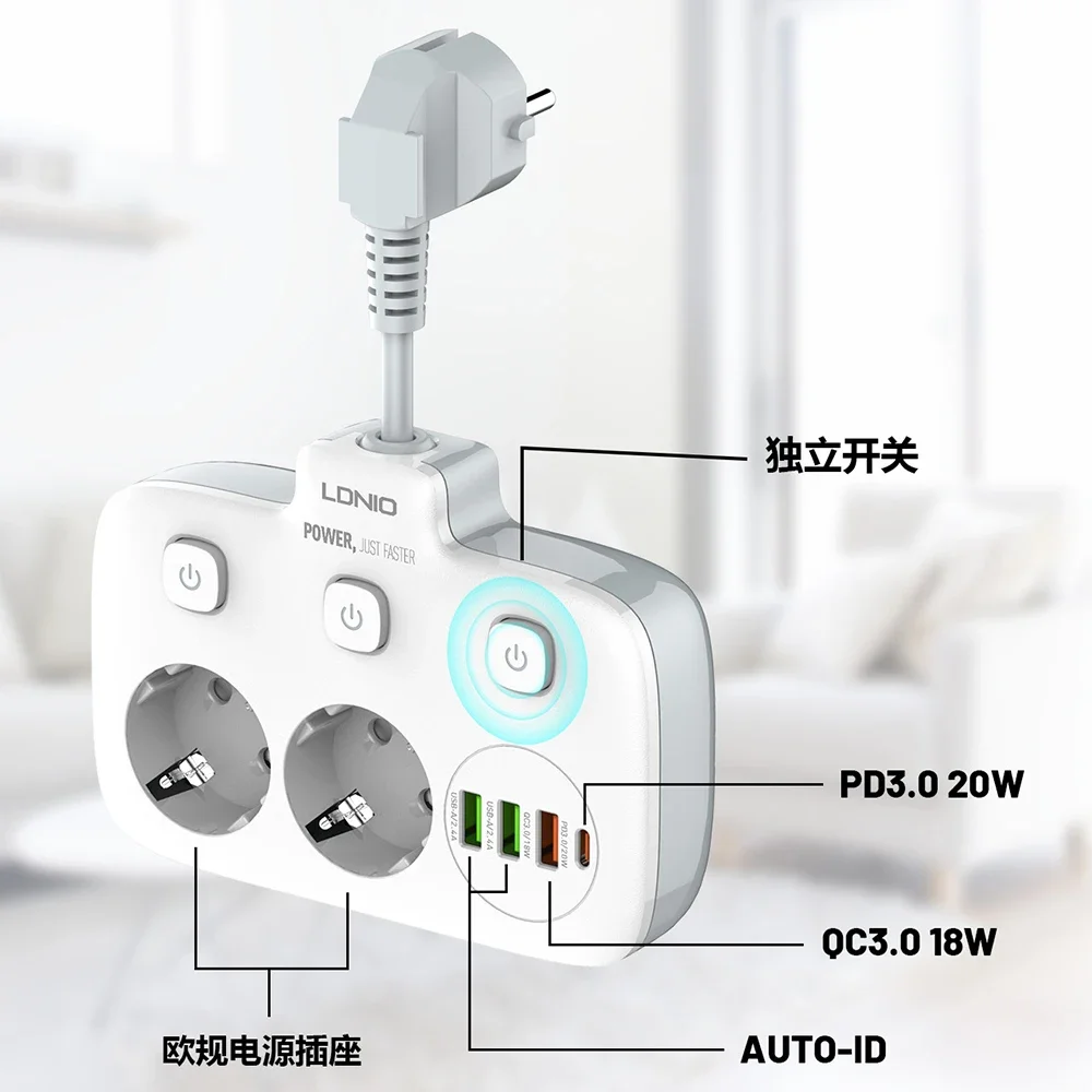 

LDNIO EU Plug Удлинитель 2 AD с 3 портами USB 1 Type-C Электрическая розетка Универсальная розетка Адаптер для домашнего офиса Защита от перенапряжения