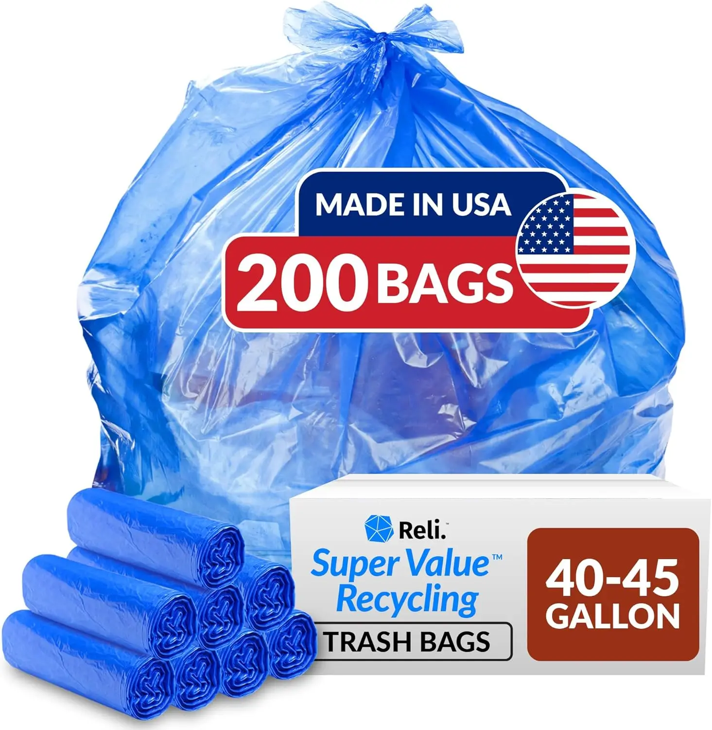 

40-45 Gallon Blue Recycling Bags, 200 Count, Made in USA for Heavy-Duty Trash