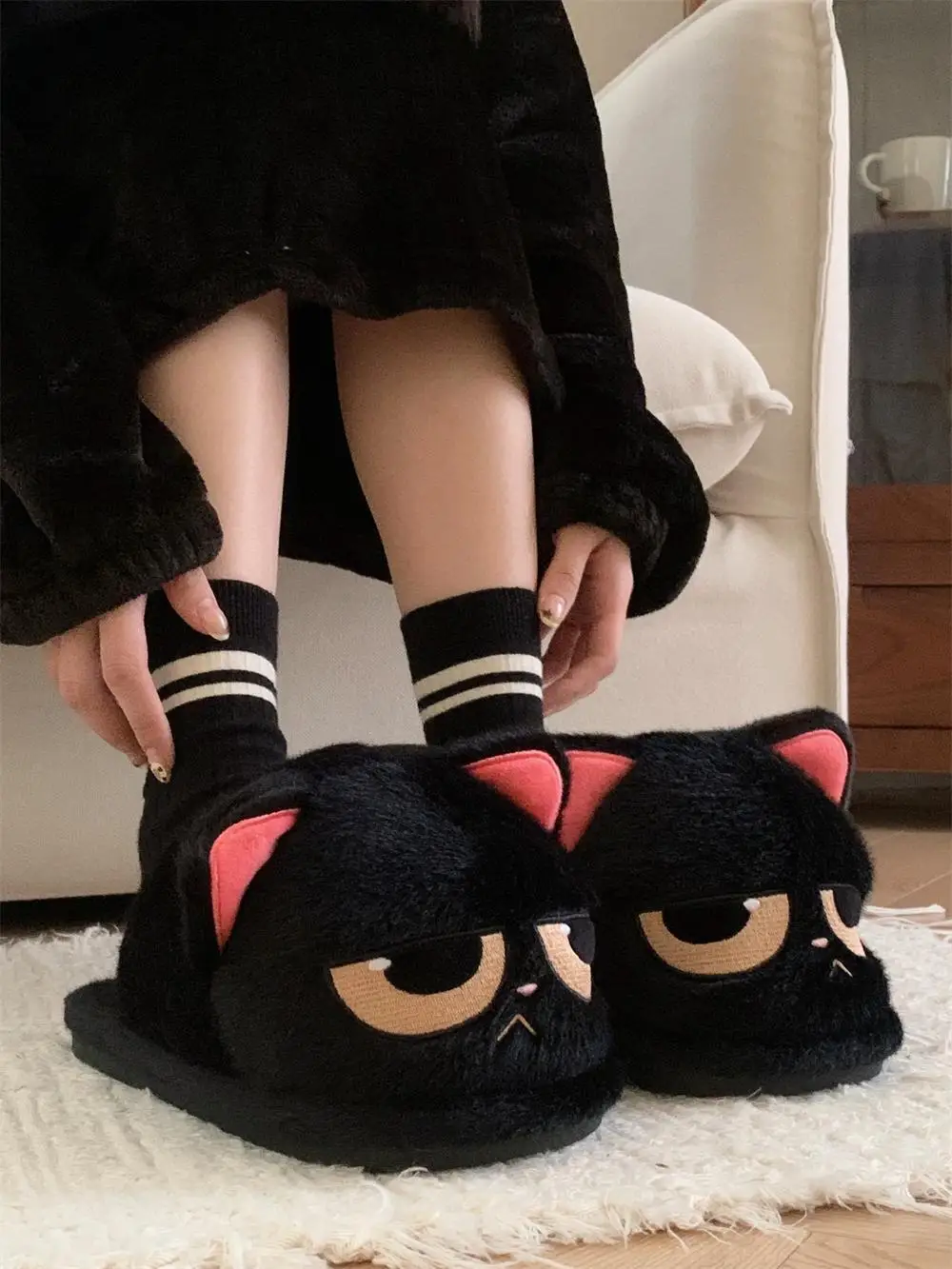 New cartoon cute angry little black cat plush cotton slippers winter lovers indoor home non-slip warm cotton slippers