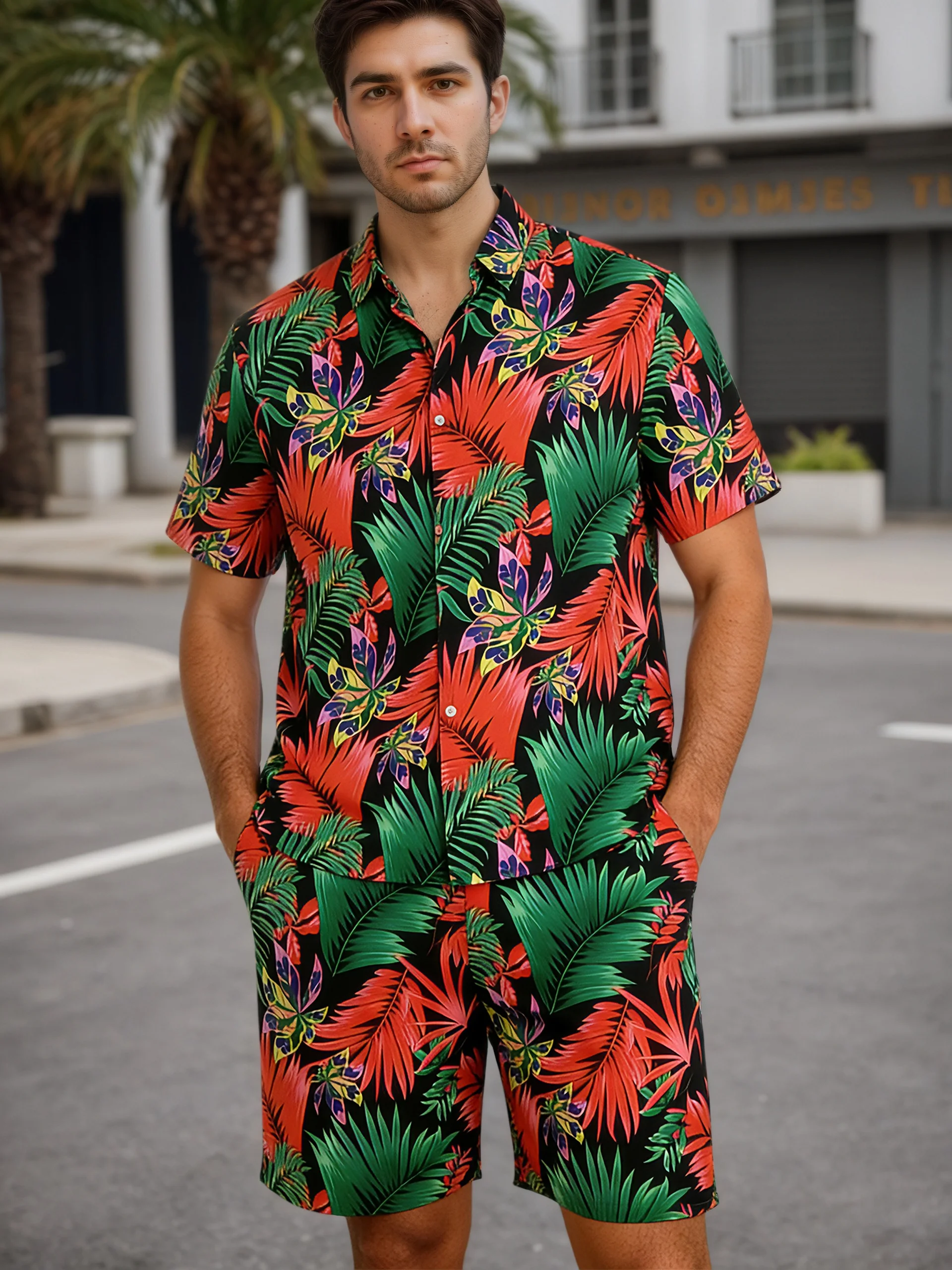 

Men Pajama Sets Men's Tropical Plant Printed Short Sleeve Shirt and Shorts Set Cozy Outfits Sleepwear Vacation Lounge Wear Set