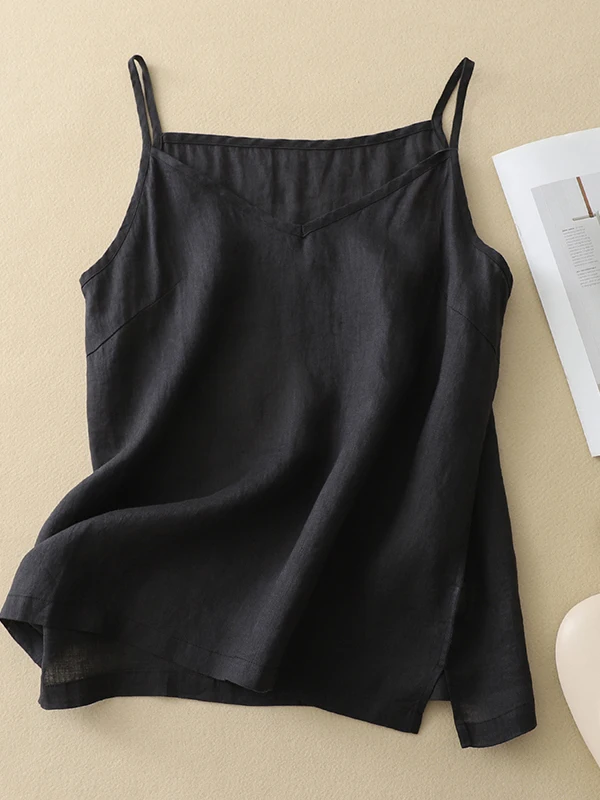 Pure Color Cotton Linen Loose V-Neck Strapless Tank Top Women's Summer Slimming Outerwear Sleeveless Shirt Inner Wear Base Shirt