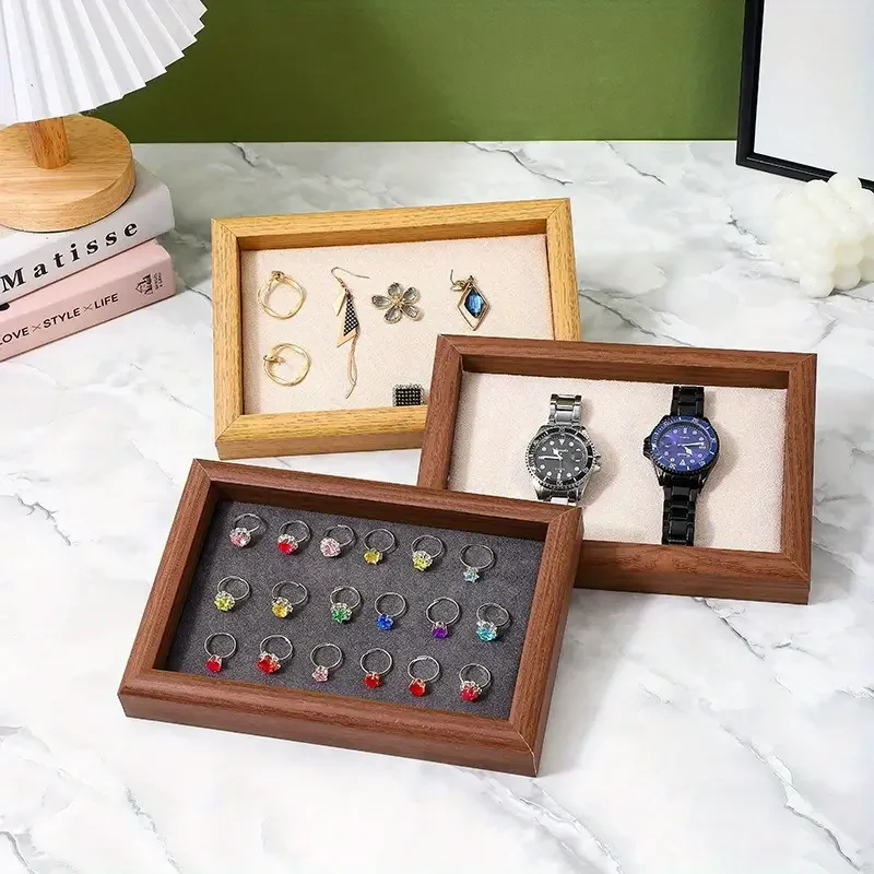 A walnut jewelry display tray with velvet pads, suitable for rings, earrings, studs, necklaces, bracelets, bracelets - elegant s