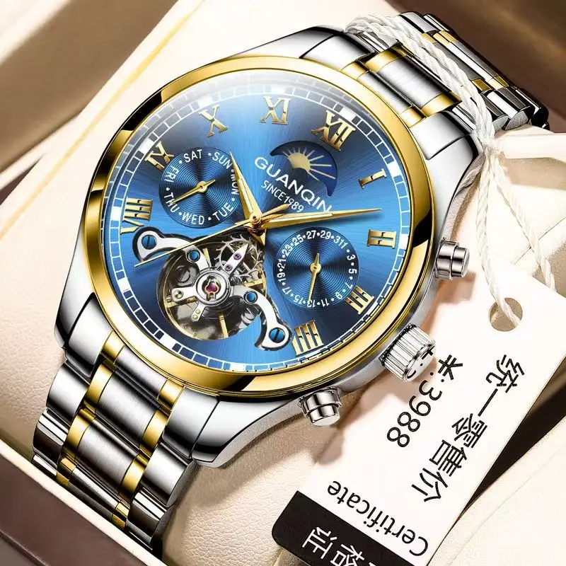 Guanqin genuine new watch men's hollow out fully automatic mechanical watch multifunctional flywheel large dial waterproof watch